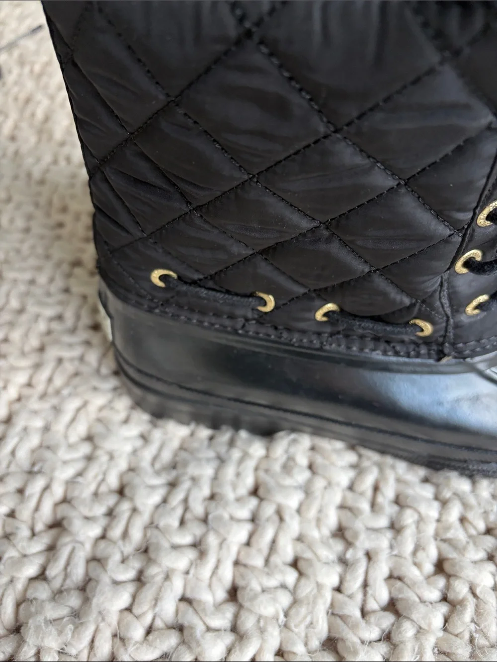 Sperry Black Waterproof Duck Boots with Purple Liner
